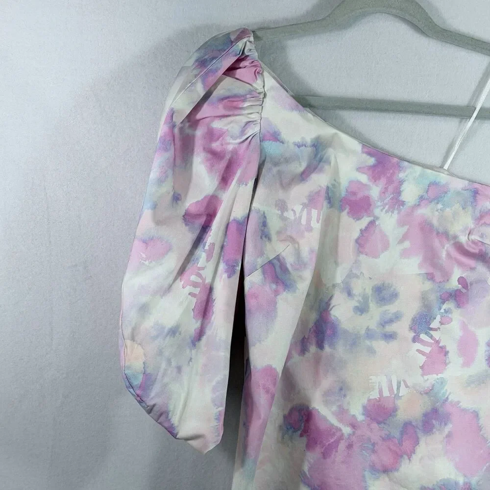 AIIFOS Pink Purple Watercolor One Shoulder Puff 3/4 Sleeve Top Blouse Size XS - Picture 5 of 11